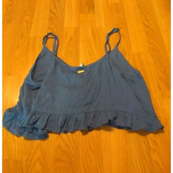 Amiani Crop Top Tank Size Medium Blue Ruffle Trim Summer Beach Vacation V Neck - Picture 8 of 9